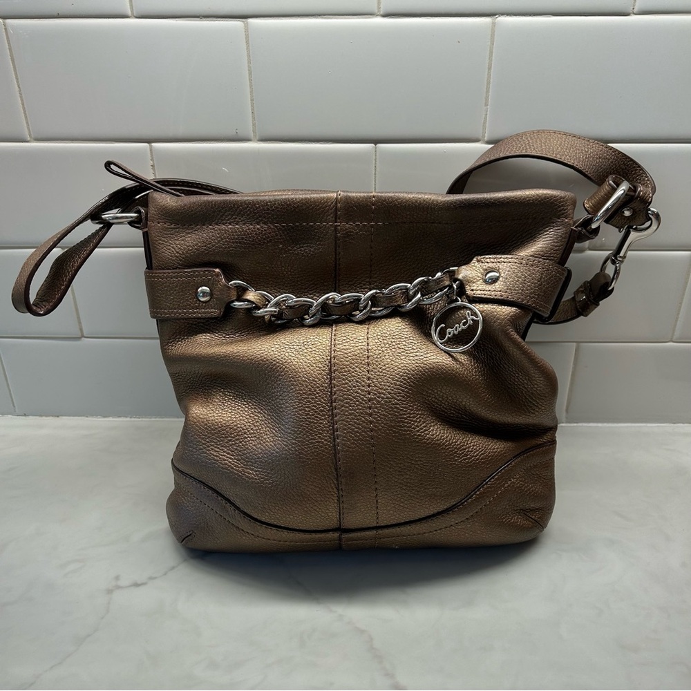 Coach F19722 Pebbled Leather Chain Duffle Shoulder Bag Bronze Brown Crossbody